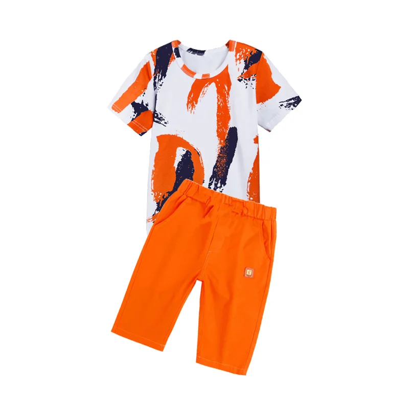 Комплект летней одежды для мальчиков, комплекты одежды для маленьких мальчиков, футболка с короткими рукавами+ штаны - Цвет: Orange