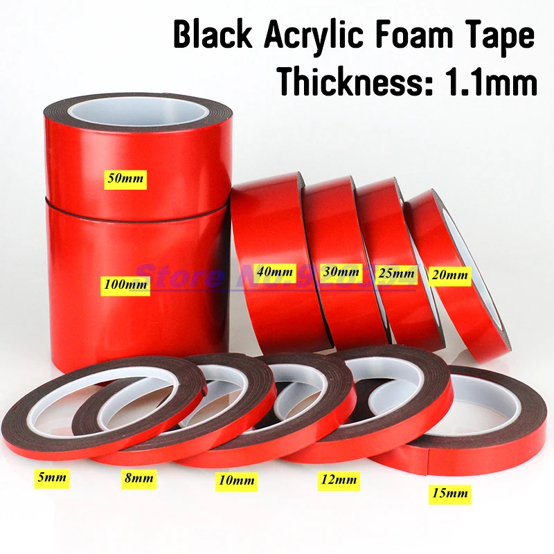 

(1.1mm Thickness) 5mm - 100mm 3meter/roll Super Strong Double-sided Black Acrylic Foam Adhesive Tape Multi-role Tape