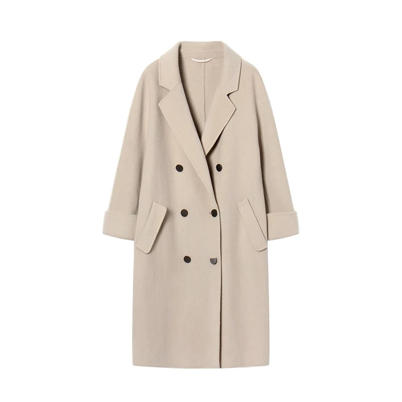 Зимнее корейское пальто женское модное винтажное шерстяное пальто женское двубортное пальто с отложным воротником Формальное пальто женское - Color: Beige