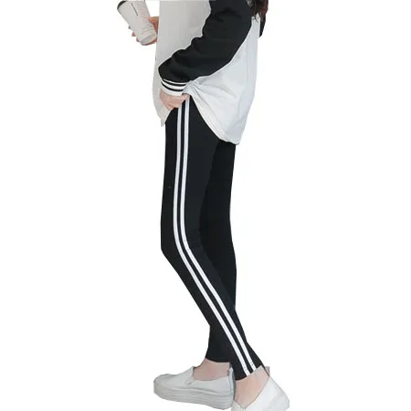 Трикотажные Леггинсы для беременных с вертикальными полосками; сезон весна-осень; 100 хлопок; брюки больших размеров; Одежда для беременных; брюки с высокой талией - Цвет: Black