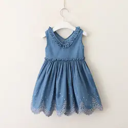 Джинсовое платье для маленьких девочек, платье принцессы с вышивкой, с v-образным вырезом, без рукавов, новые летние джинсы, сарафан, Vestidos