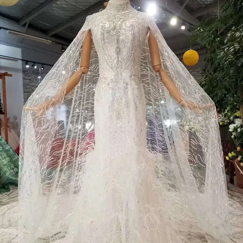 

WONDMOND Dress Mermaid Wedding Gown with Sleeve Shawl High Neck Cap Sleeves Trumpet Bride Dresses Wedding Gown Brush Train