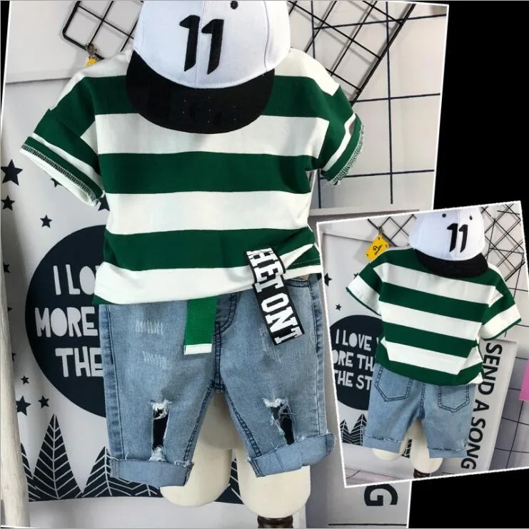 Kids Clothing Sets Fashion Style Baby Short Sleeved Striped T-Shirt + Denim Shorts 2Pcs Children 2-7year |