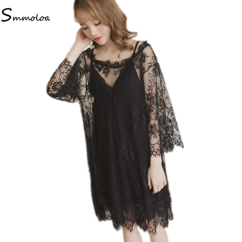 

Smmoloa Lace Nightgowns 2pcs Set Mesh Lace Nightwear Women Sleeping Lingerie House Wear Summer Sleepwear