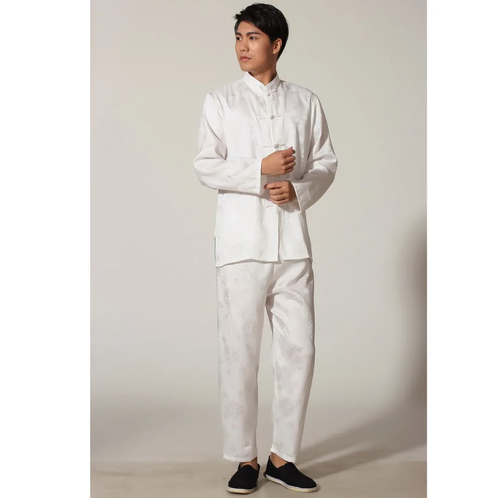 White Novelty Chinese Men's Satin Wu Shu Uniform Long Sleeve Kung Fu Tai Chi Suit Dragon Clothing 011319 | Тематическая одежда