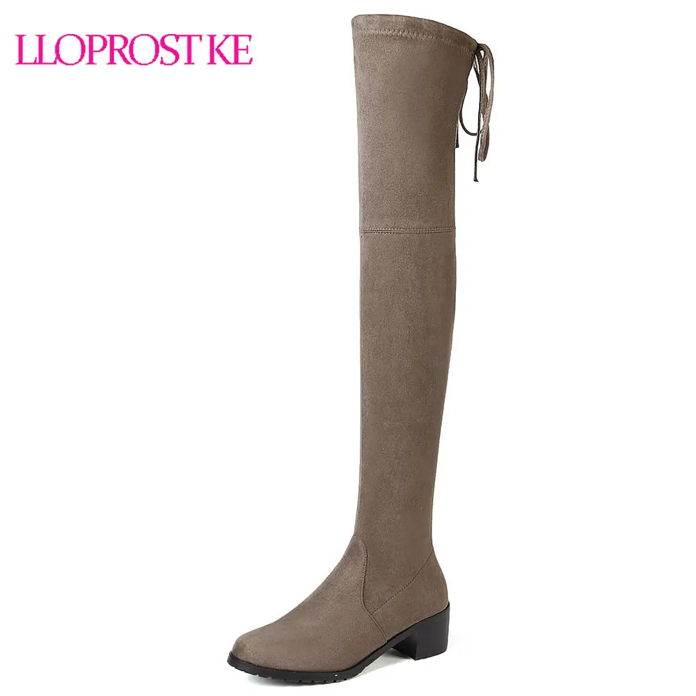 

Lloprost ke New Over the Knee Boot Lace Up Stretch Fabric Long Boot Thick High Heel Woman Shoes Winter Big Size 34-43 D114