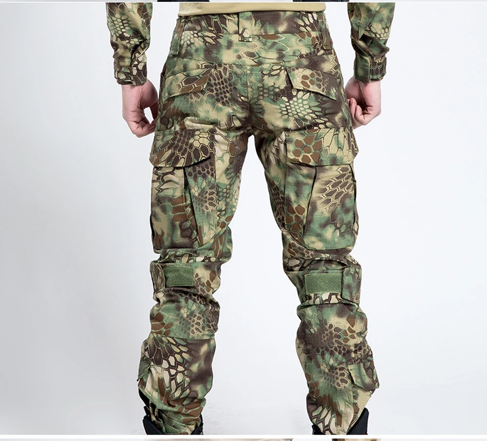 Мужская лесная охотничья тактическая Униформа для страйкбола Камуфляжный костюм в стиле милитари Пейнтбол Экипировка мужская футболка+ брюки карго наколенники