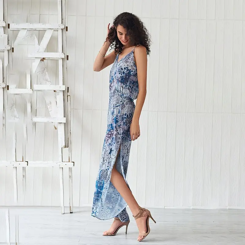 Summer Fashion Printed Beach Jumpsuit Women Boho Sexy V Neck Backless Overalls Chic Wide Leg Pants Split Blue Casual Jumpsuits Summer Fashion Printed Beach Jumpsuit Women Boho Sexy V Neck Backless Overalls Chic Wide Leg Pants Split Blue Casual Jumpsuits