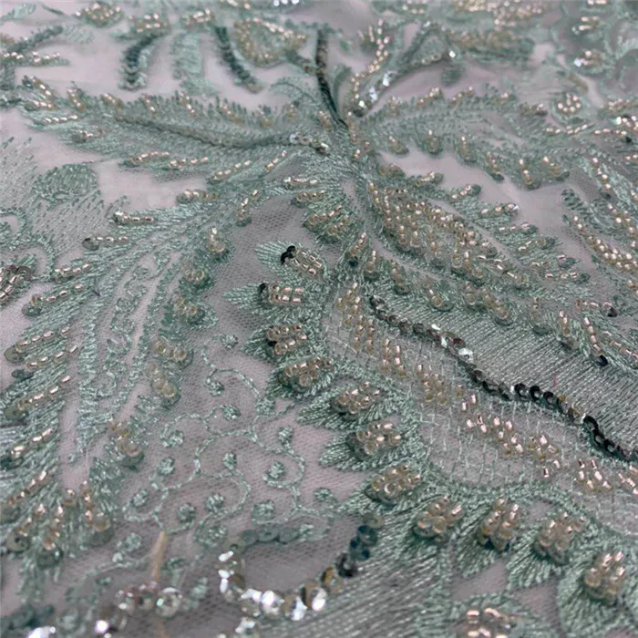 

Wonderfulhand-made French tulle net lace fabric with beads for elegant dress HNZ206(5yards/lot)