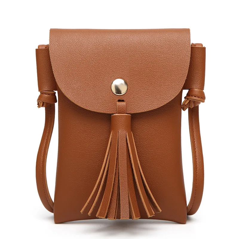 Новые женские сумки мини-телефон сумка PU кисточкой сумка - Цвет: Brown
