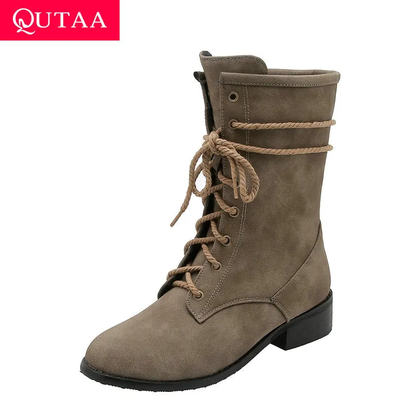 

QUTAA 2020 Lace Up Soft PU Leather Leisure Women Shoes Round Toe Low Heel Autumn Winter Retro Fashion Mid Calf Boots Size 34-43