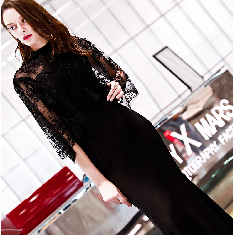 Это YiiYa вечернее платье кружевное лоскутное с круглым вырезом черное до пола с молнией сзади Вечерние платья LX1297 robe de soiree