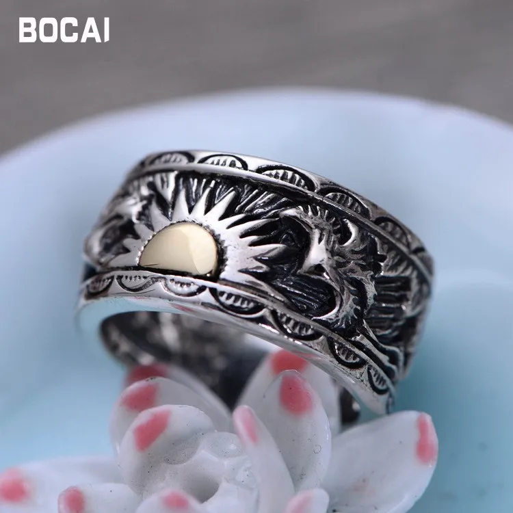 S925 sterling silver male ring Indian eagle wings sun totem Thai silver ring