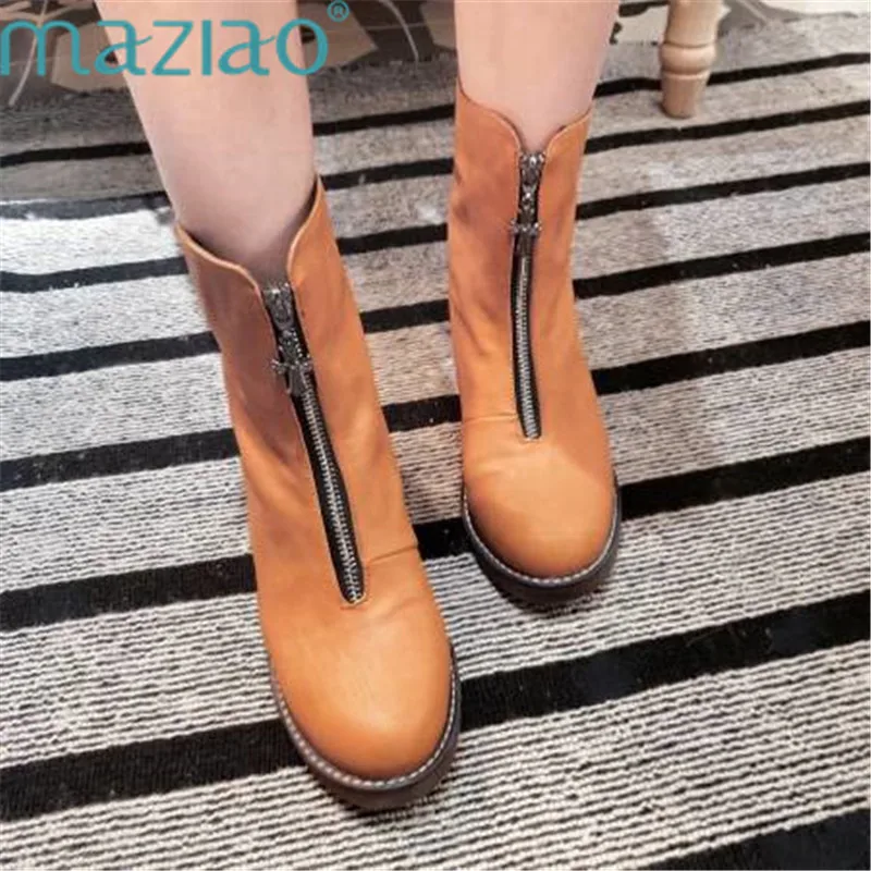

Fashion Front Zipper Shoes Woman Low Heel Platform PU Leather Boots Short Boots Martin Boots Round Toe Sexy MAZIAO