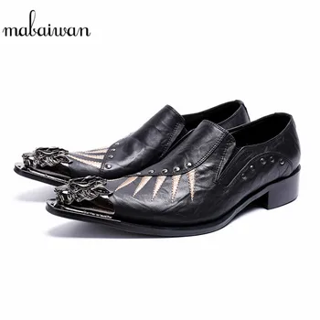 

Mabaiwan Black New Casual Men Shoes Genuine Leather Loafers Rivet Slipper Dress Shoes Men Slip On Metal Toe Handmade Party Flats