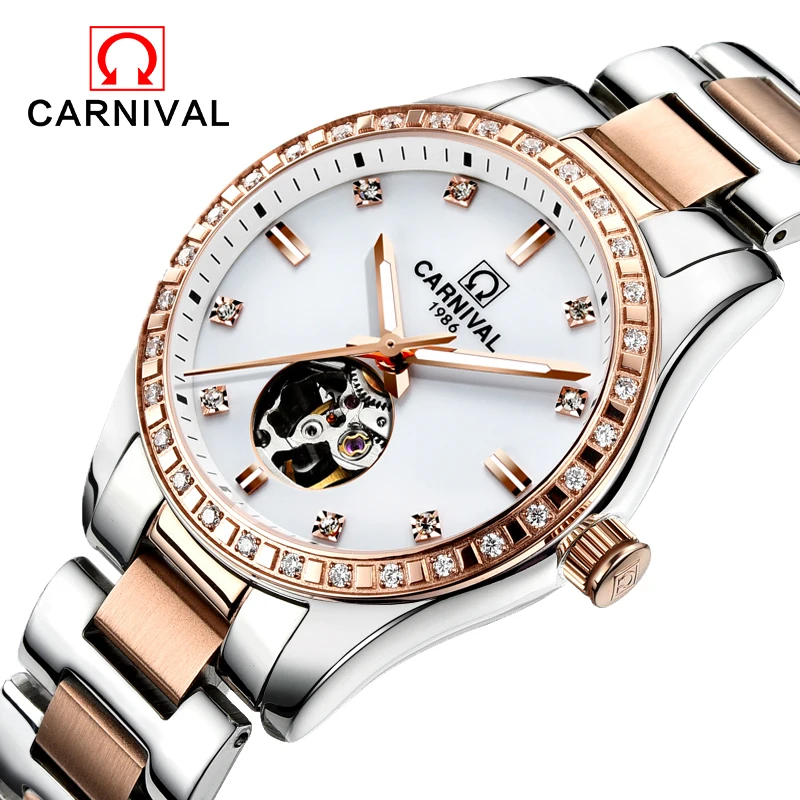 

Carnival Watch Women tourbillon Automatic Mechanical Luminous Rose Gold Stainless Steel Waterproof Girls Watches