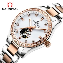 Carnival Watch Women tourbillon Automatic Mechanical Luminous Rose Gold Stainless Steel Waterproof Girls Watches