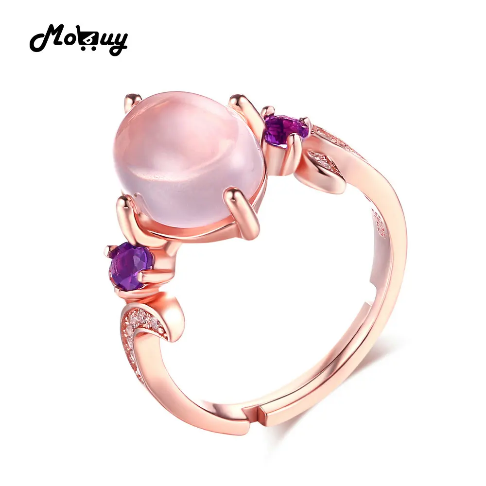 

MoBuy MBRI017 Oval Rose Quartz Adjustable Ring 925 Sterling Silver Gold Plated Natural Amethyst Gemstone Fine Jewelry For Women