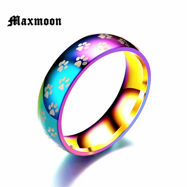 

Maxmoon New Fashion Cute Dog Cat Paw Stainless Steel Beautiful Rainbow Anime Pet Finger Rings for Women Men Jewelry Nice Gift