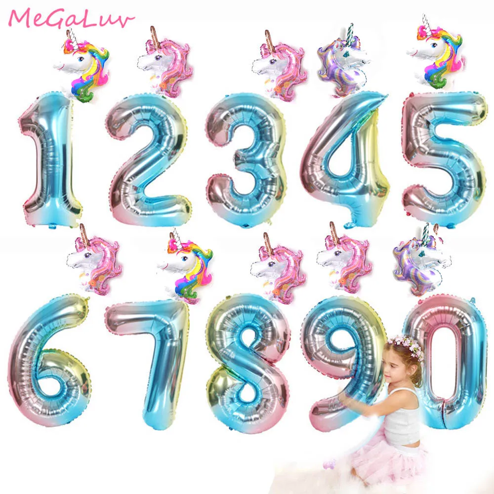 

2pcs/set 32 Inch Rainbow Number Balloons with Pink Unicorn Baloons 1st 2nd 3st Unicorn Birthday Party Decorations Kids Globos