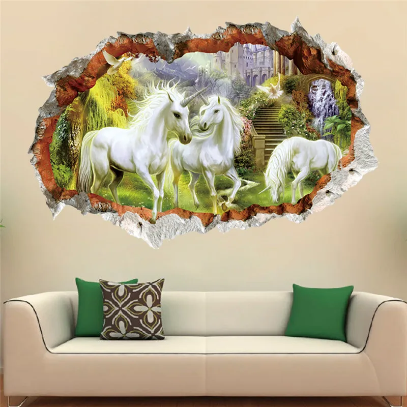 

Cartoon 3d effect Through White Horse Wall Sticker For Kids Room Children Bedroom Living Room Decor Wall Decals Art Mural Gift