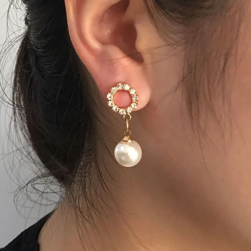 

TDQUEEN Round Stud Earrings Rhinestone Ear pins Simulated Pearl Pendant Statement Earring Women Elegant Office Lady Earing Gift