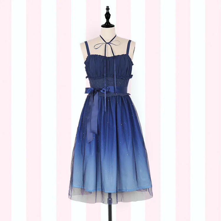 

Gradient Starry Sky Lolita Summer Dress ~ Fairy Blue Mori Girl Sleeveless Long Dress by iDream
