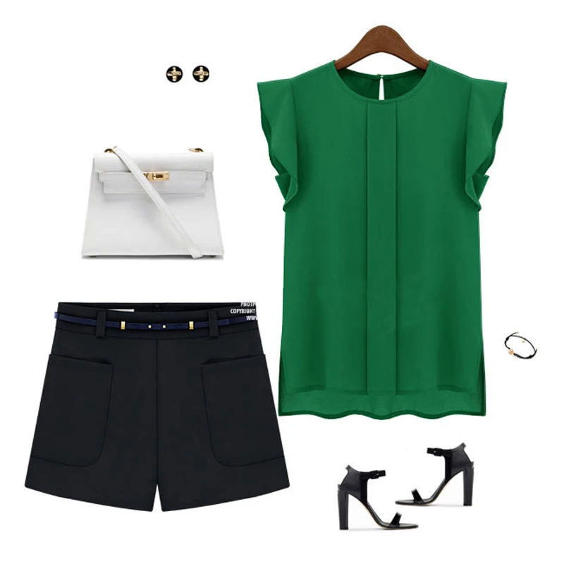 Women Summer Elegant Blouse Office Lady Solid Short Sleeve Chiffon Shirt Ruffle Top