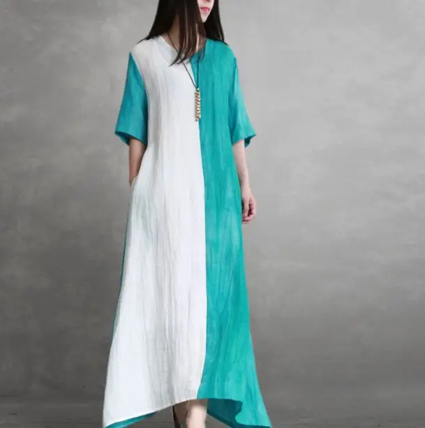 

Free shipping summer new linen stitching loose short-sleeved casual long dress
