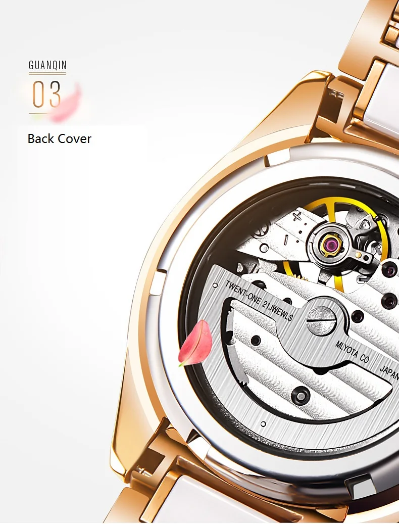 GUANQIN Ceramic Women Watch Automatic Mechanical Watches Hollow Waterproof Watch Ceramic Watch Strap Rhinestone Shell Pattern  (12)