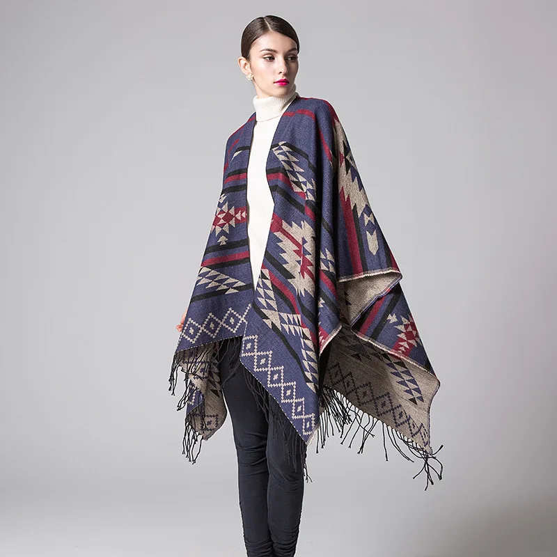 Удлиненная и плотная кашемировая шаль для путешествий с геометрическими ромбовидными кисточками, плащ abrigos mujer invierno