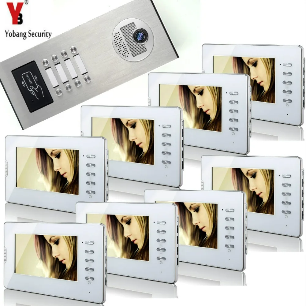 

Yobang Security 8 Units Apartment Video Intercom 7'Inch Monitor Wired Video Door Phone Doorbell RFID Access IR Camera Intercom