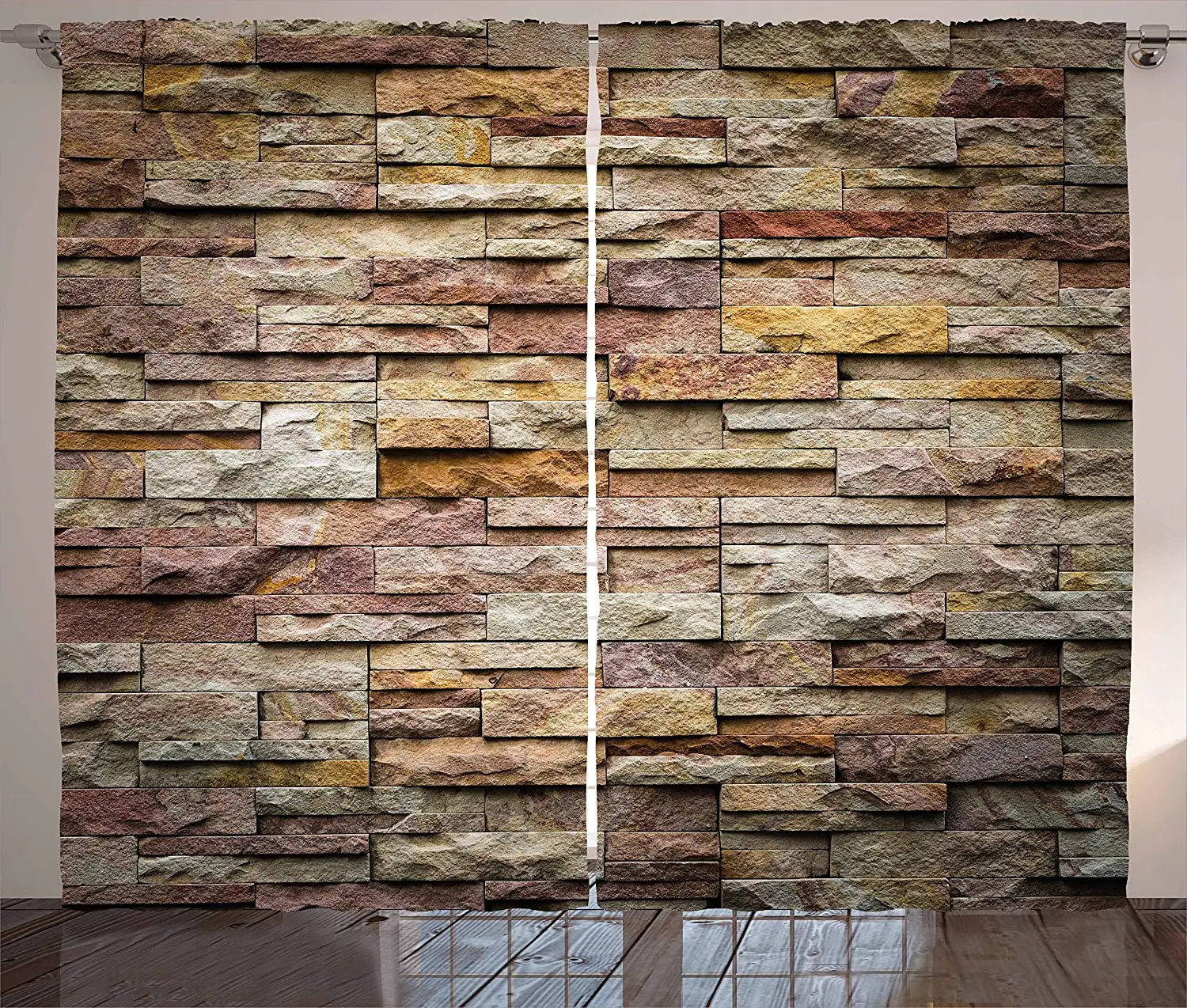 

Marble Curtains Urban Brick Slate Stone Wall with Rocks Featured Facade Architecture Town Picture Window Drapes for Living Room