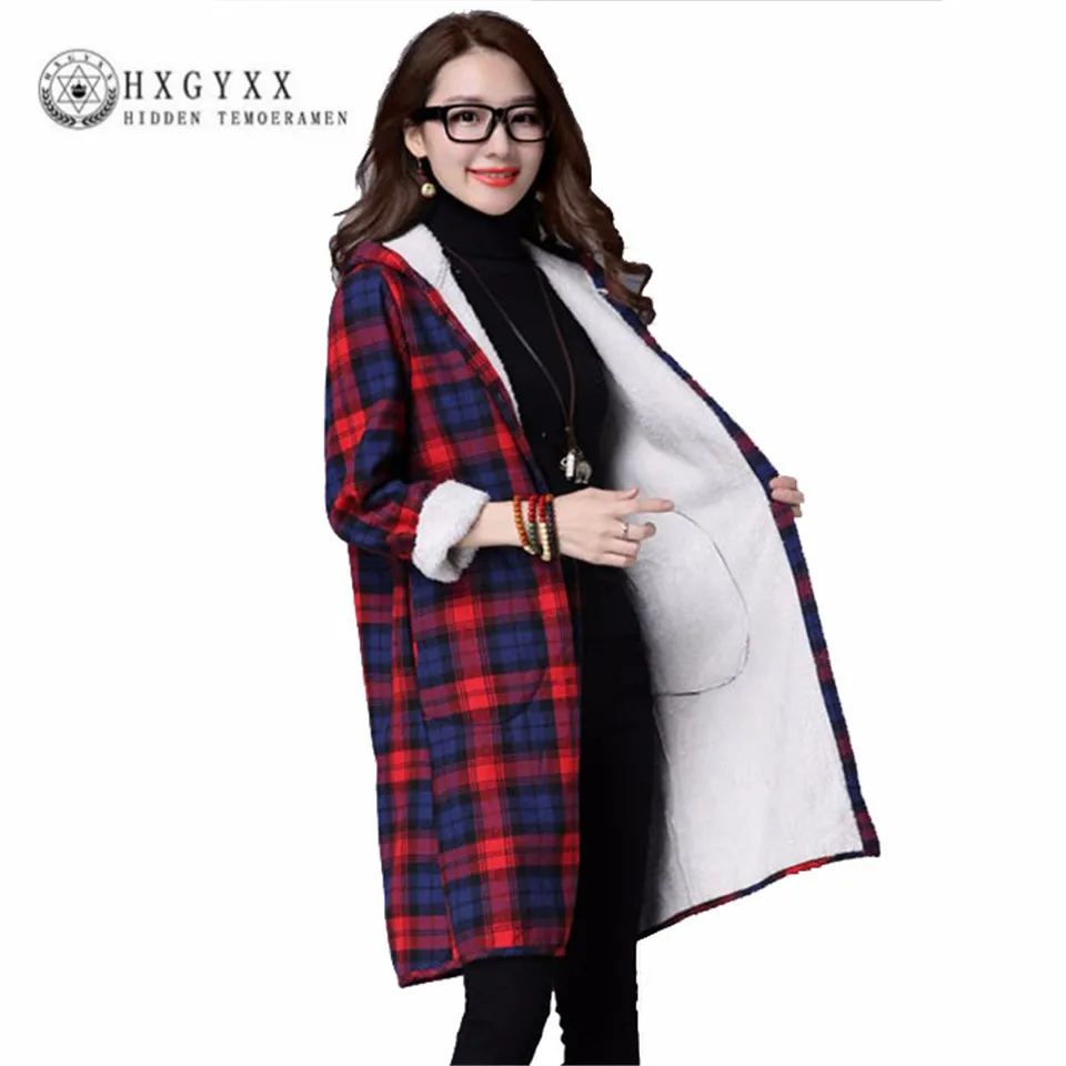 

2017 Spring Autumn Women Wadded Coat Loose Cotton Padded Plaid Jacket Single Breasted Hooded Plus Size Women Shirt Coat AA432