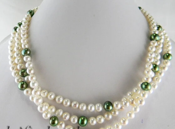 

fast3strands 18'' 6mm white green round freshwater pearl necklace AAA