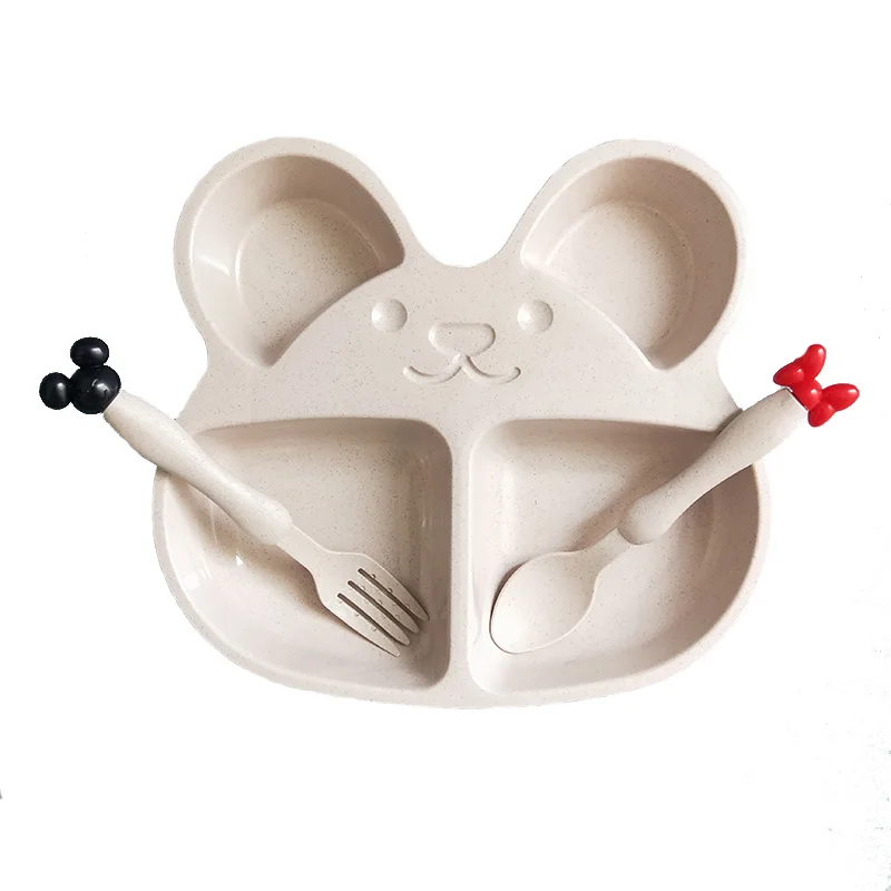 Beige 3pcs set Росицки пшеничной соломы дети тарелки Детские Обучающие чаши для детских бутылочек, посуда для малышей, с милым медведем набор посуды детская посуда из полиуретана с открытыми порами упаковка - Цвет: Beige 3pcs set