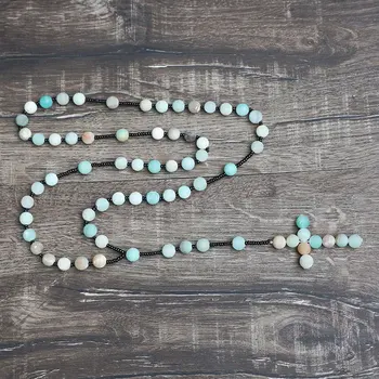 

Hand-knitted Rosary Prayer Necklace from Nature Matte Amazonite Stone 10 Ave Maria Cross Pendant Necklace