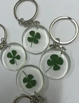 

FREE SHIPPING 12PCS real green four leaf clover round ice style cool shamrock keychain St parker rick Day's Key-Chains