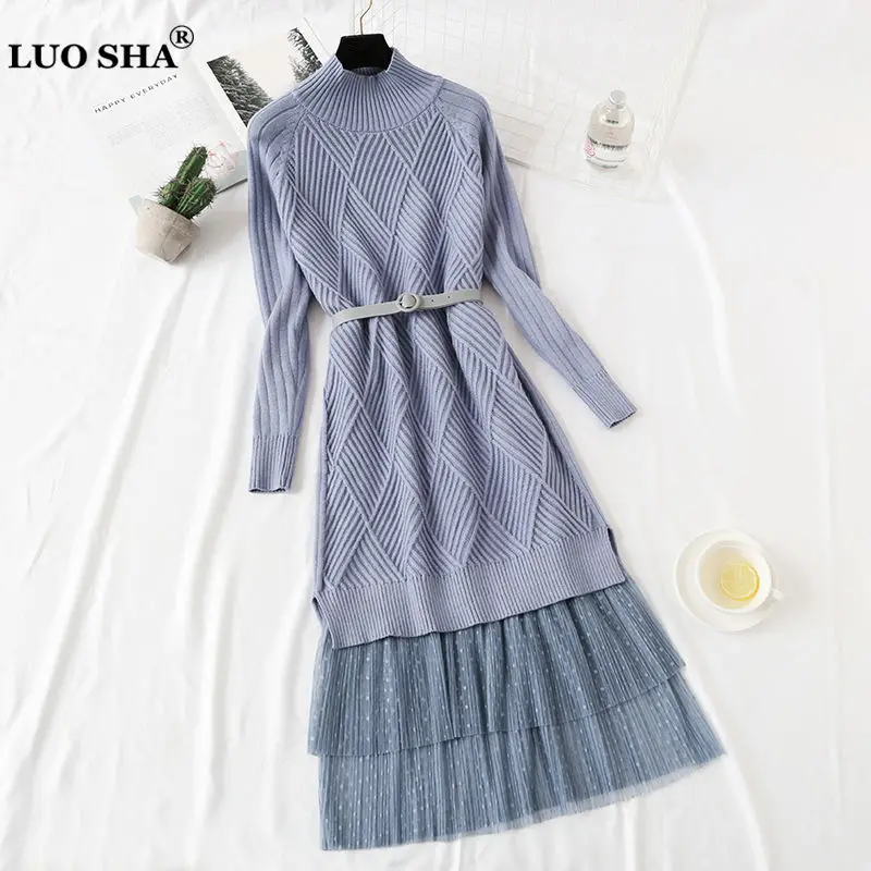 

LUOSHA 2Pcs Set Women Autumn Winter Turtleneck Knitted Pullover Sweater Dress+Mesh Skirt Set Female Casual Dress Suits With Belt