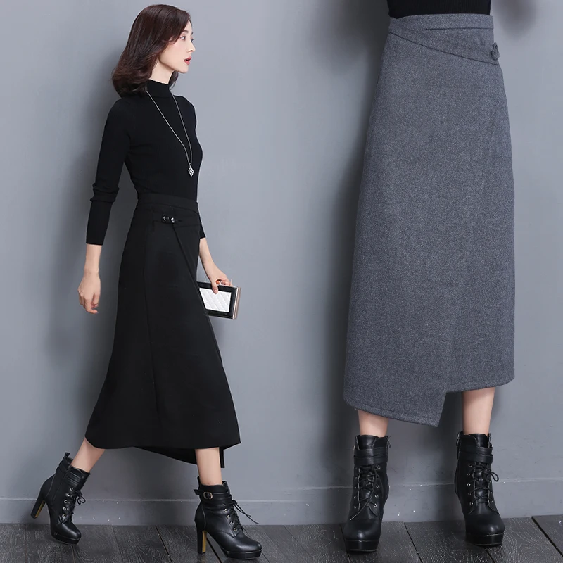 2017 Autumn Winter New Length Skirt England Irregular Style Solid Pencil Button Mid-calf Natural Womens Long Skirts