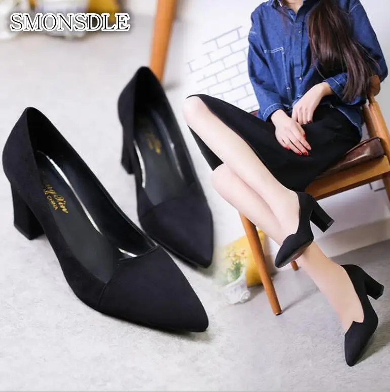 

SMONSDLE 2019 spring new thick high heel small size black suede single shoes pointed head with wild women's shoes free shipping