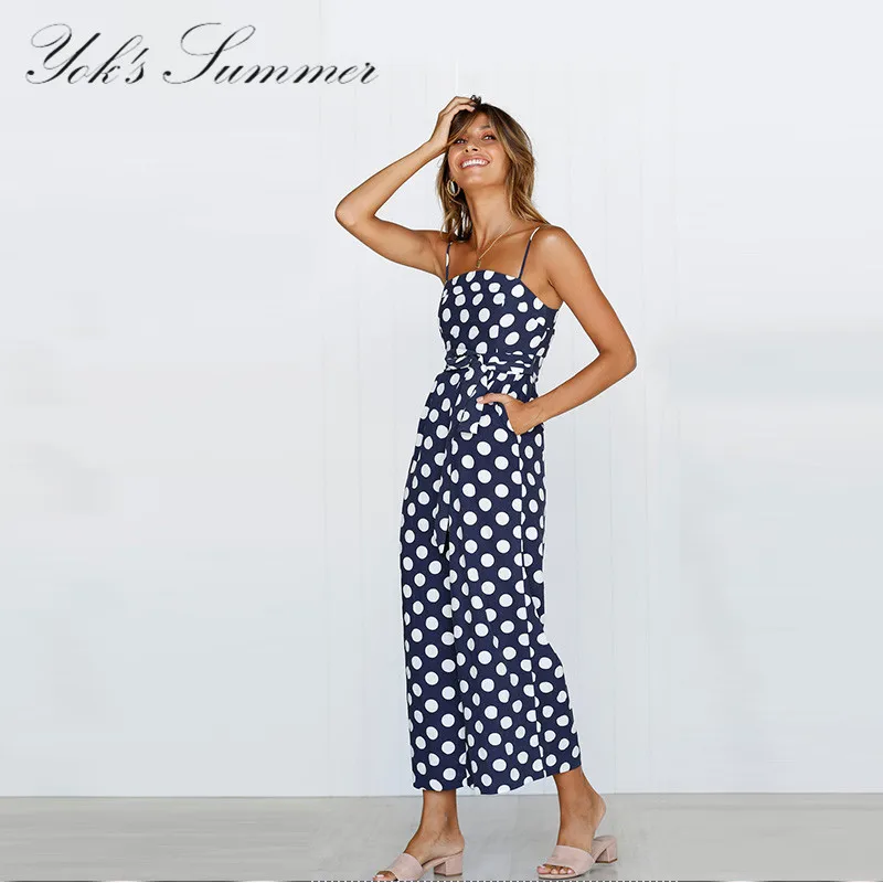 YOK's Women Fashion Jumpsuits Summer Sleeveless T-shirt Wave Spot Printing Jumpsuits Black White Dot Women's Jumpsuits DN172