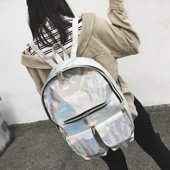 

50pcs/lot Mochila Masculina backpack Women Silver Hologram Laser Backpack PU leather Holographic Backpack Multicolor