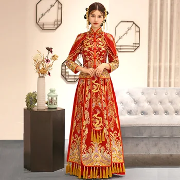 

Luxurious Rhinestone Women Floor Length Wedding Dress Noble Chinese Embroidery Dragon Cheongsam Set Royal Classic Qipao Vestidos