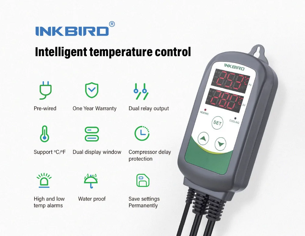 Inkbird ITC-308 1100W цифровой Контроль температуры; 2-ступенчатый выход термостат для отопления и охлаждения с двойным реле для Контроль температуры