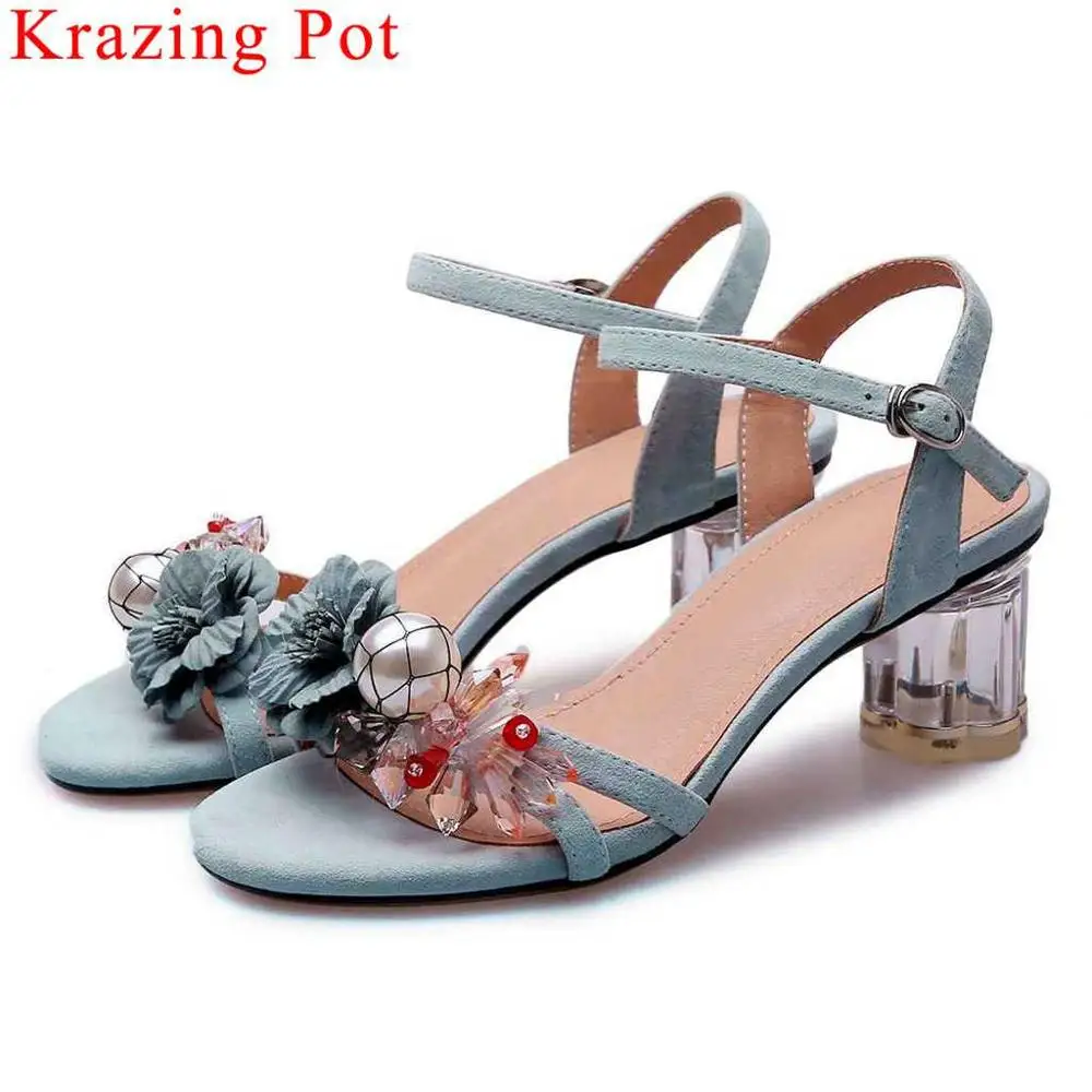 

Fairy girls new kid suede peep toe buckle strap high heels women sandals peep toe large size flowers pearl wedding shoes L13
