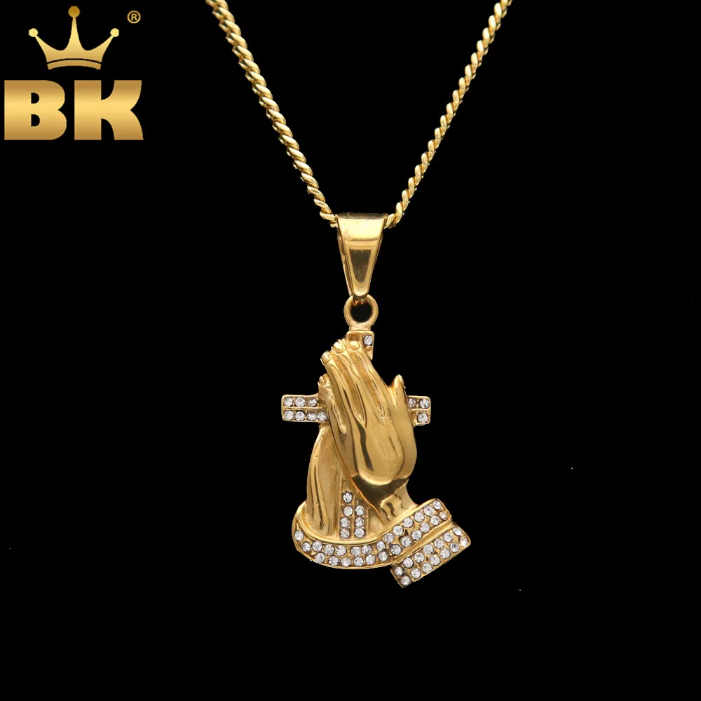 

Vintage Iced Out Rhinestones Religion Praying Hand Cross Necklaces&Pendants Stainless Steel Charm Hiphop Gold Color Jewlery