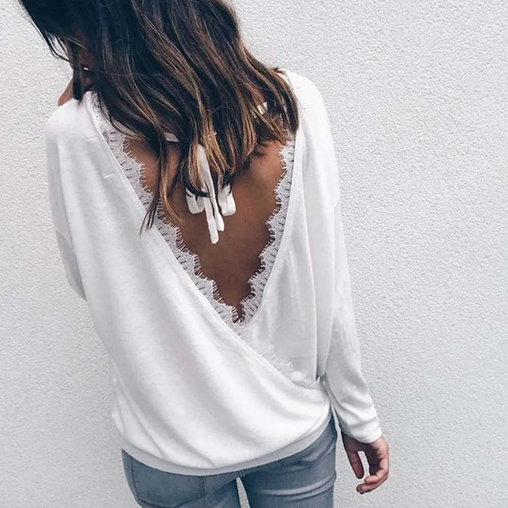 

T-Shirt Women Ladies Lace up Womens Clothing Woman Clothes White Black Polera Mujer Sexy Top Cotton Long Sleeve