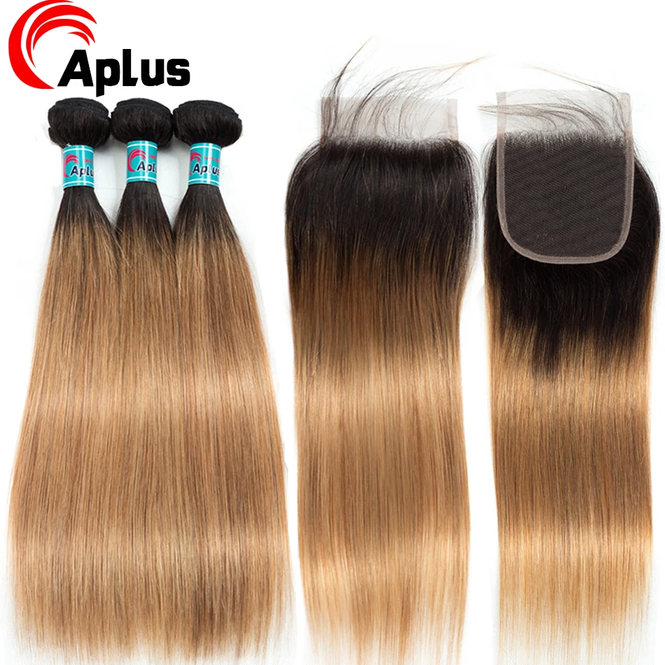 

Aplus Hair T1b 27 Pre-Colored 100% Ombre Human Hair Honey Blonde Bundles With Closure Remy Malaysian Straight Ombre Hair Bundles