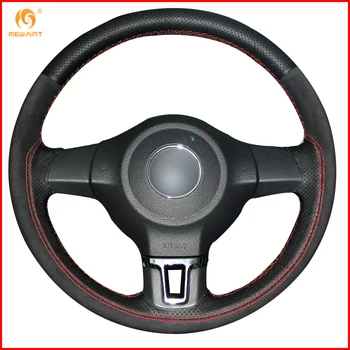 

MEWANT Black Genuine Leather Black Suede Car Steering Wheel Cover for Volkswagen Golf 6 Mk6 VW Polo MK5 2010-2013 Interior Parts